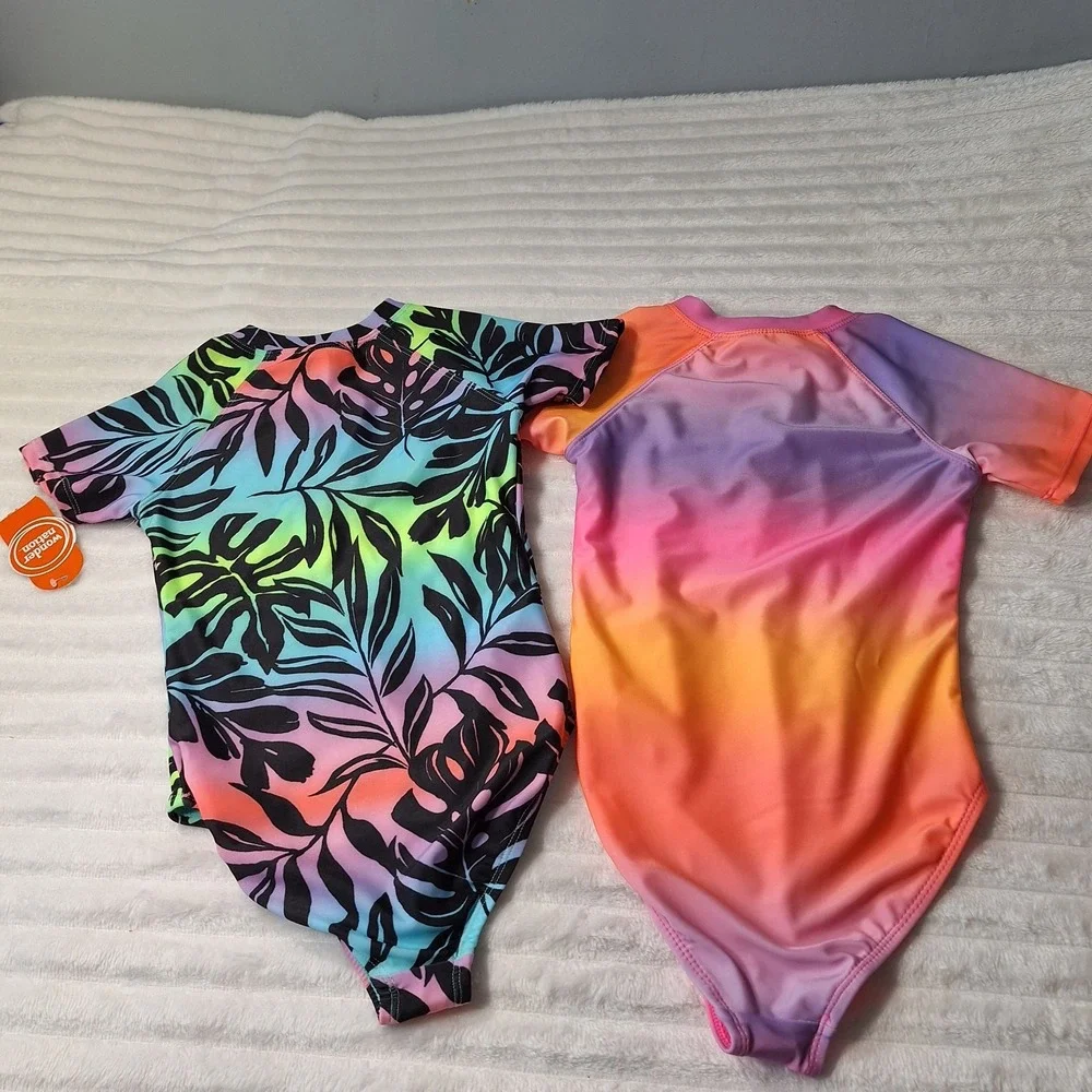 2 PC LOT One Pc Zip Rashguard Swimsuits Girls S (6-6X) Multi UPF 50+ BEACHY‎